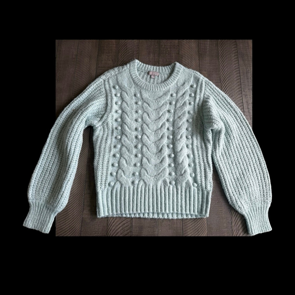 evolution by Cyrus Baby Blue Cable Knit Sweater Medium Women’s Balloon Sleeve - Picture 3 of 5